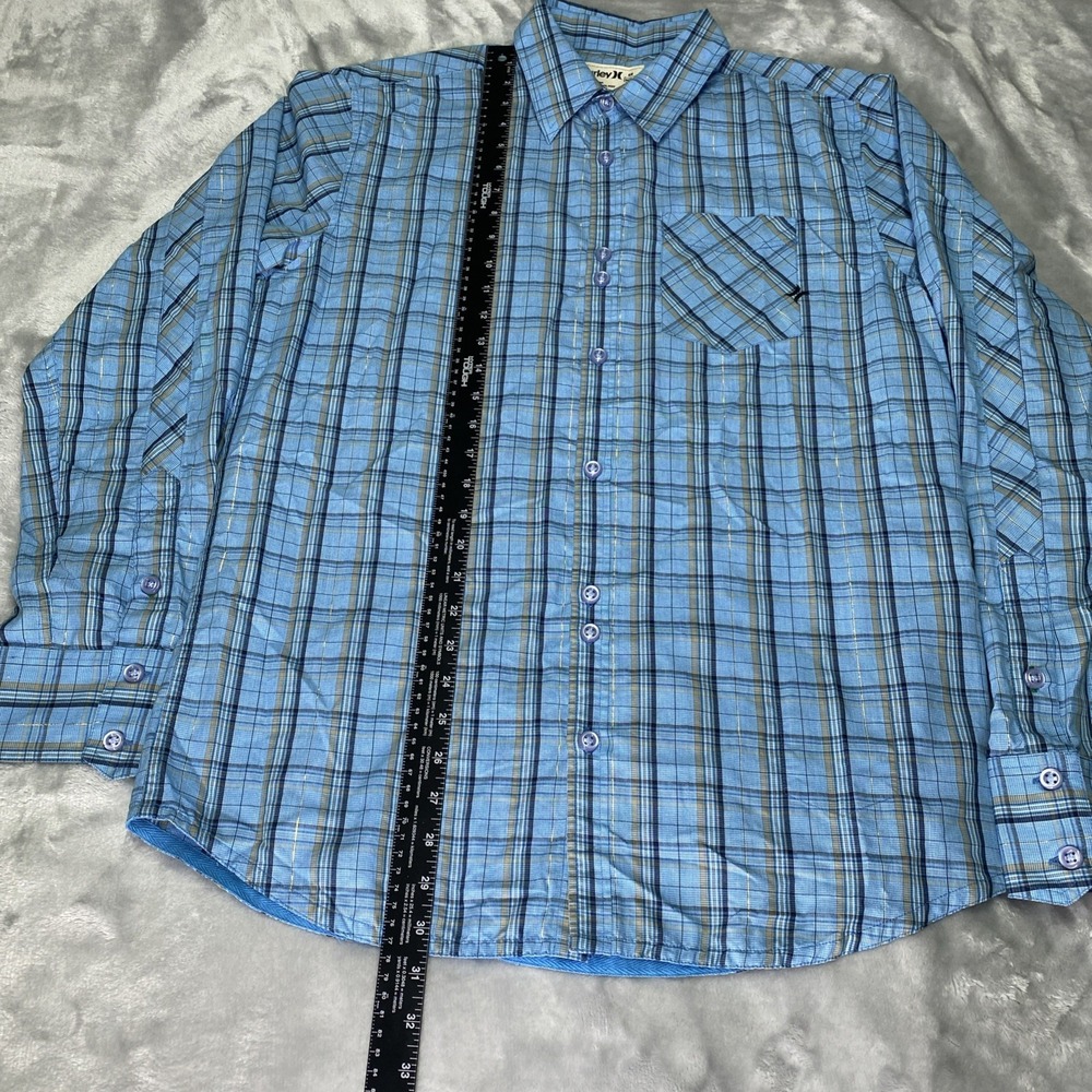 Hurley Button Up Shirt Mens Medium Blue Plaid Metallic Long Sleeve MVL611TR - Picture 9 of 13